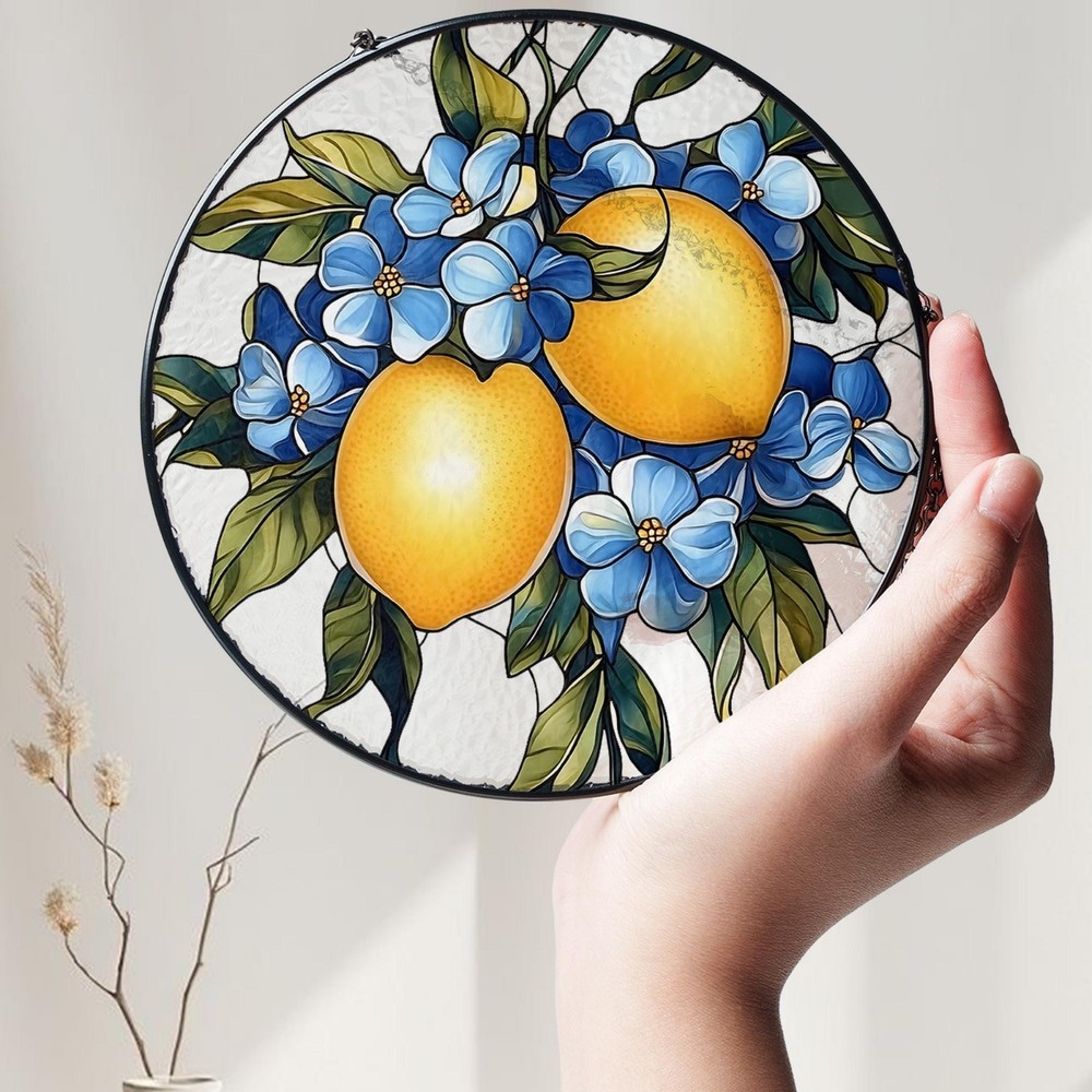 Lemon Stained Glass Suncatcher, Fruit Kitchen Window Hanging Decor