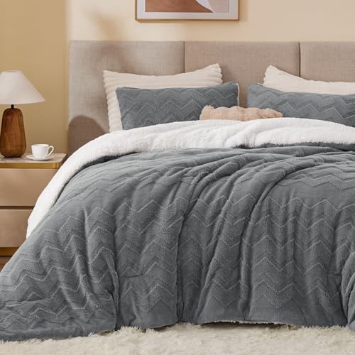 Fluffy Comforter Set - Super Soft Sherpa Comforter for Size Bed, Queen Grey
