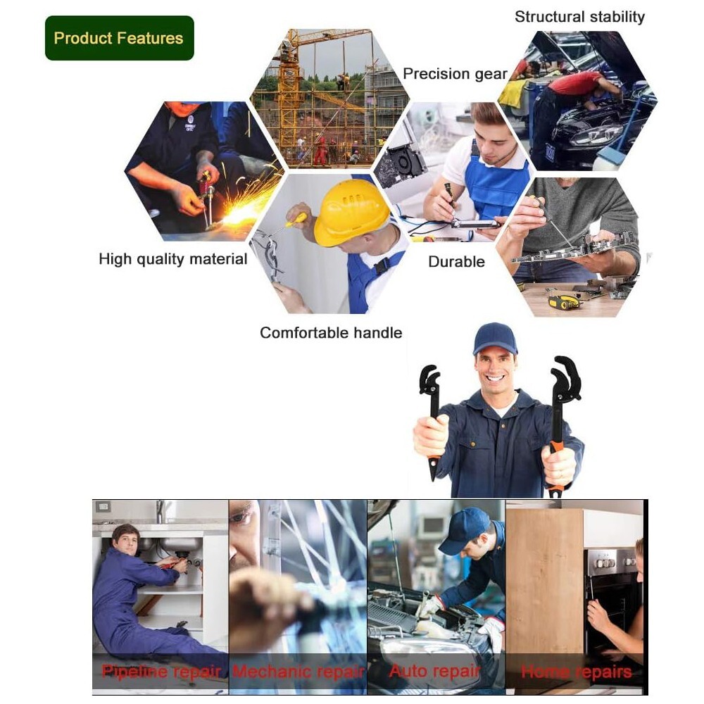 2pcs Multi-function Magic Wrench Self-Adjusting Spanner Power Grip Pipe Wrench