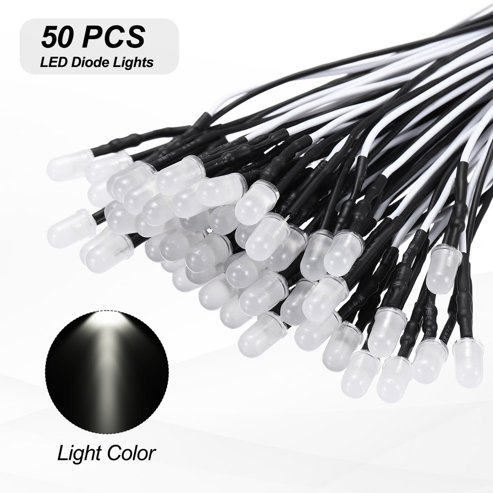 50pcs 5mm LED Diode Lights, White Light DC 12V for Electronics