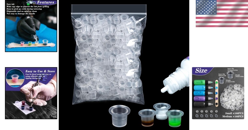 200 Durable Waterproof Tattoo Ink Caps - Mixed Sizes for Precise Application