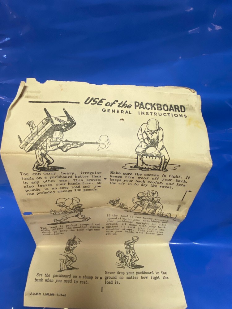 WW2 US PackBoard Frame Shelf Attachment w/ Instruction Sheet - BECNO 1944