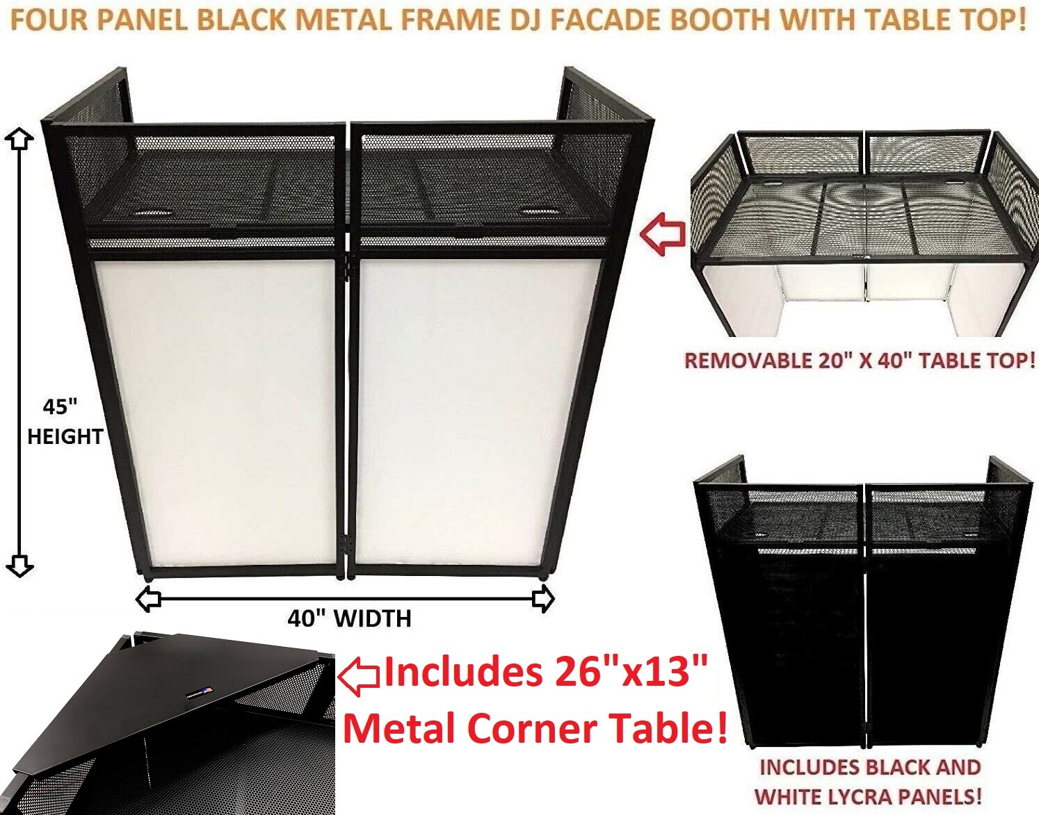 DJ Event Facade White/Black Scrim Metal Frame Booth W/Table Top+Corner Table Top