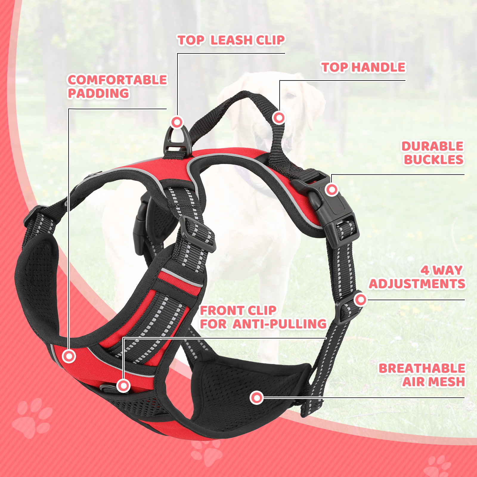 Adjustable Control No Pull Pet Dog Harness Red w/Reflective Strips & Soft Handle