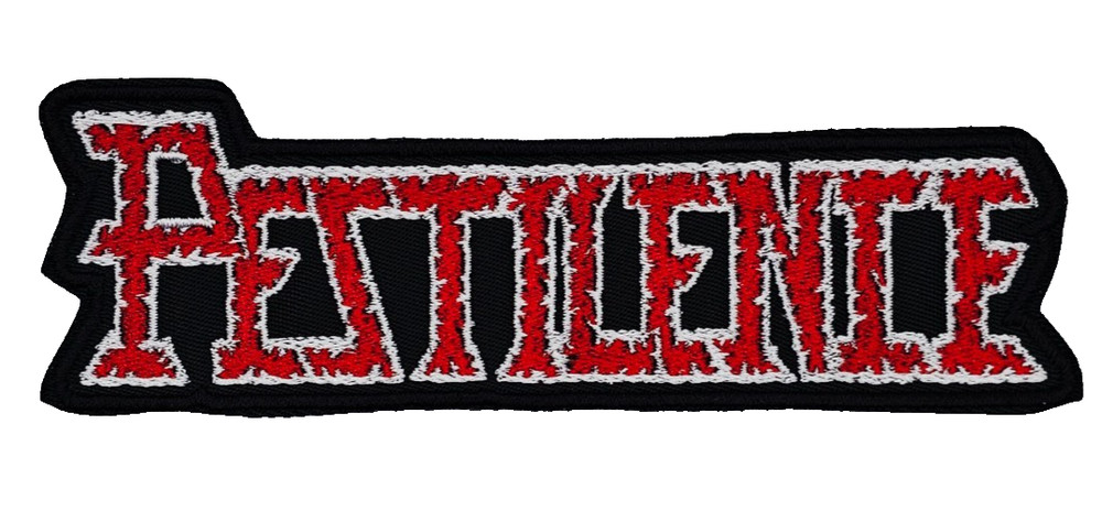 PESTILENCE RED AND WHITE LOGO (shaped border) EMBROIDERED PATCH