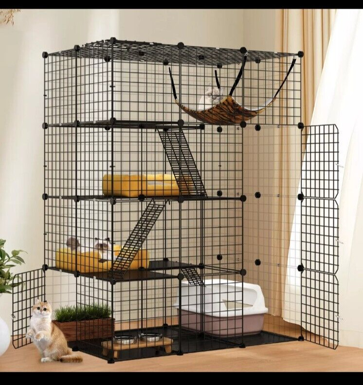 4-Tier Large Cat Cage Enclosure Metal Wire Kennel Playpen Catio with Hammock