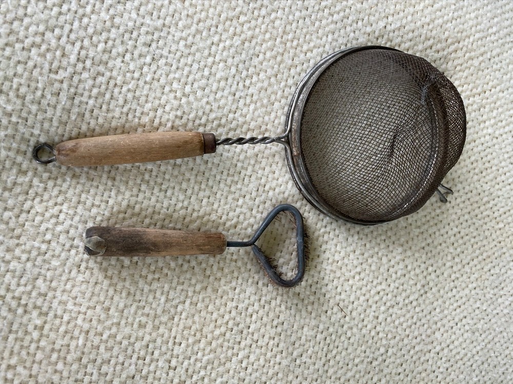 Vintage Wood Handle Strainer and Brush
