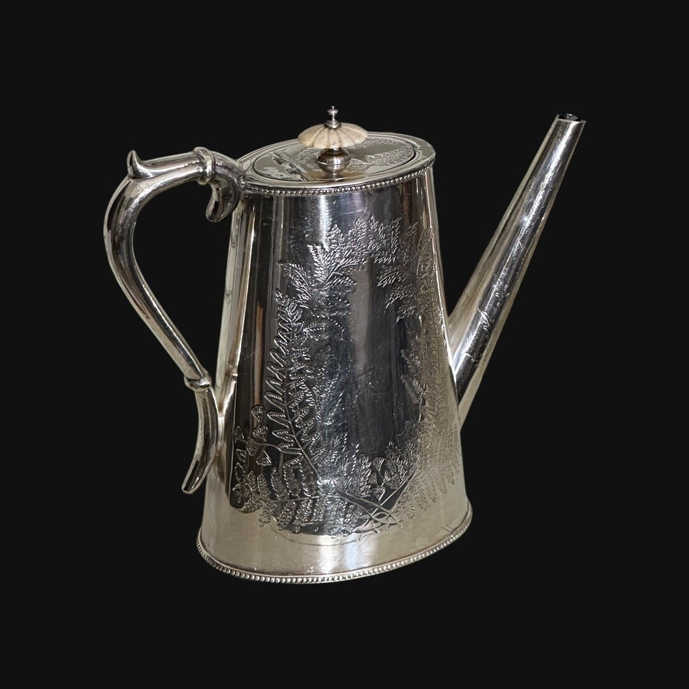 4 Pc Silverplate Coffee Tea Svc Fern Engraved Pattern Unmarked Ivory Knobs 1800s