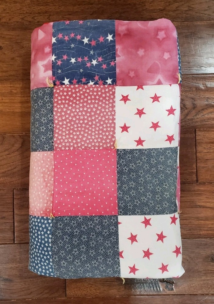 VTG Patchwork Quilt Table Topper Nine Patch Red White Blue Americana Handmade