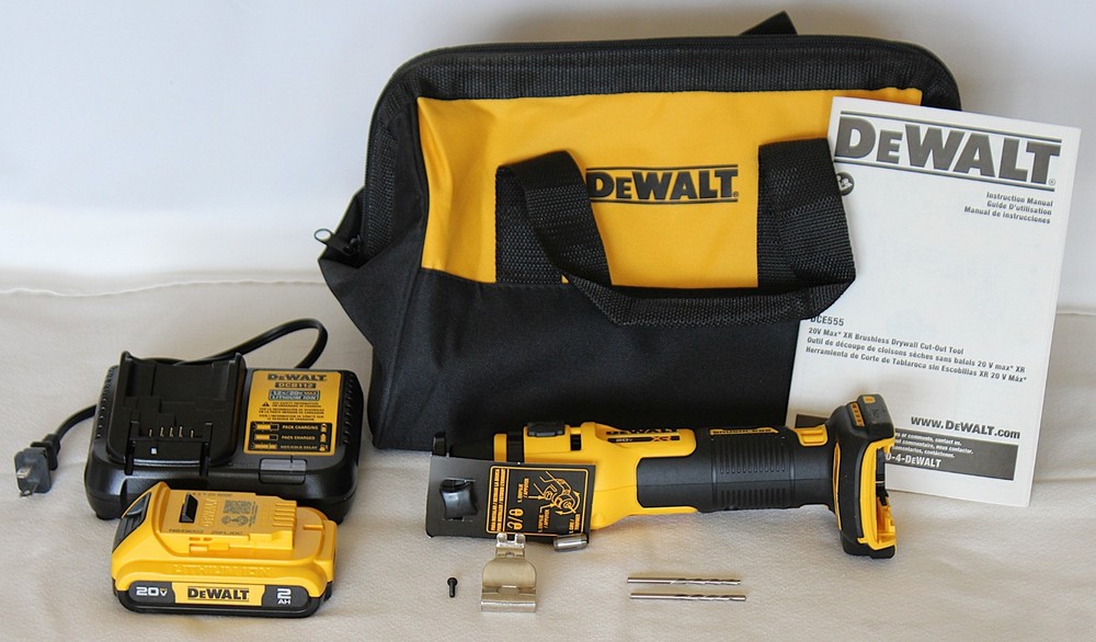 DeWalt DCE555 Drywall Cut-Out Tool with Charger, Battery, Contractor Bag, Bits+