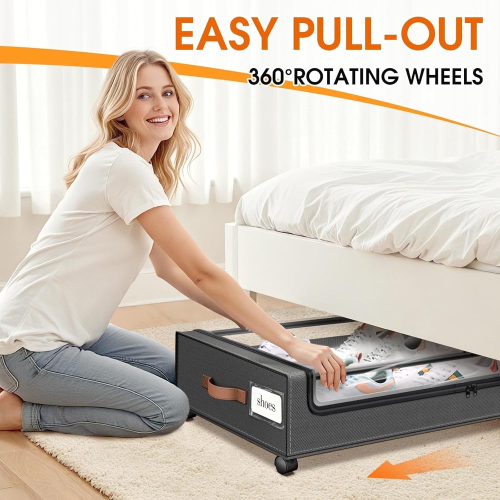 Under Bed Storage W/ Wheels 2Pack Storage Containers W/ Clear Window&Label Under