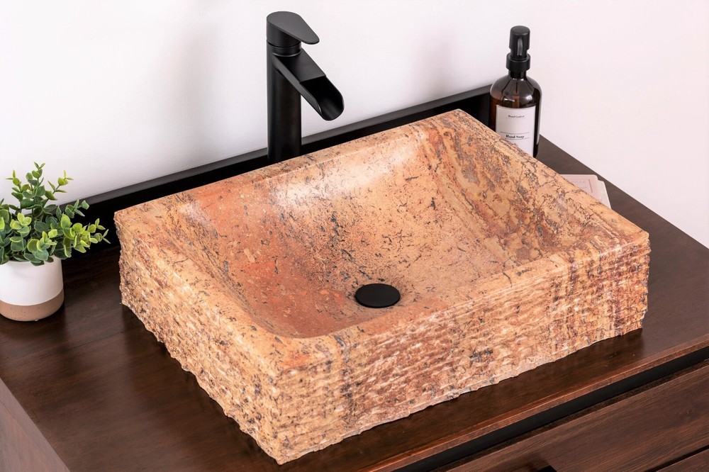Natural Stone Vessel Bathroom Sink - Rustic Rectangular Peach Travertine