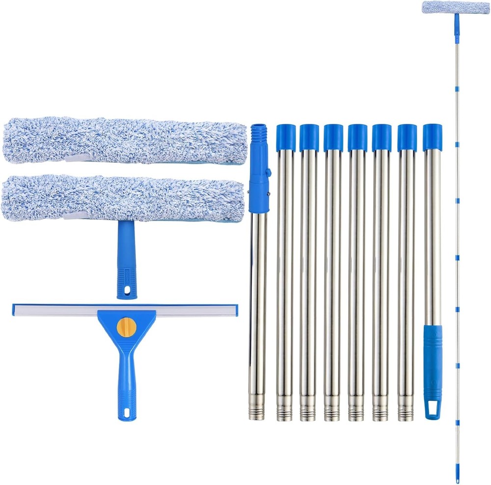 Window Cleaning Kit with Extens Pole, Squeee and Scrubber with Long