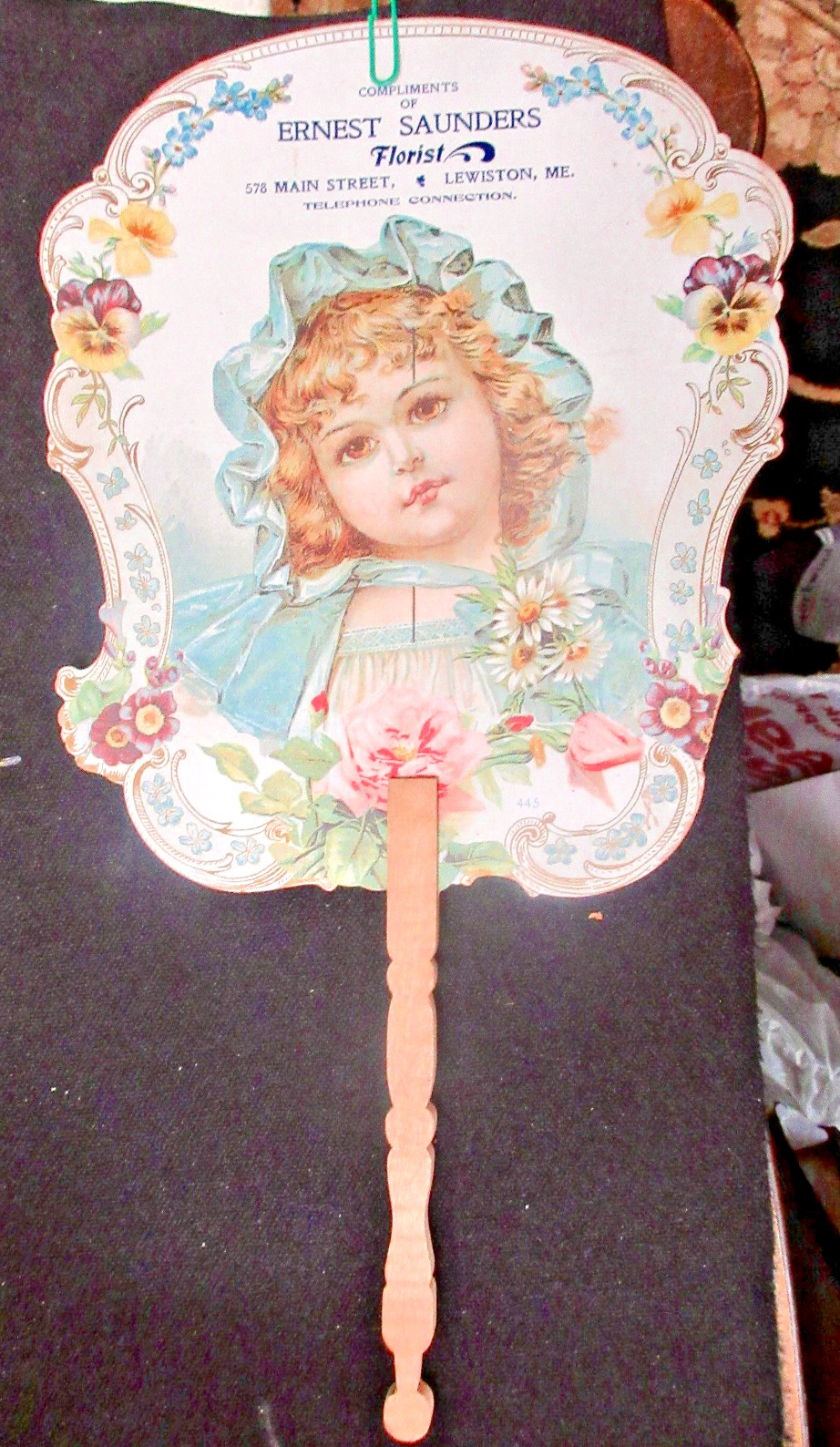 Antique Ernest Saunders Florist Die Cut Advertising Hand Fan