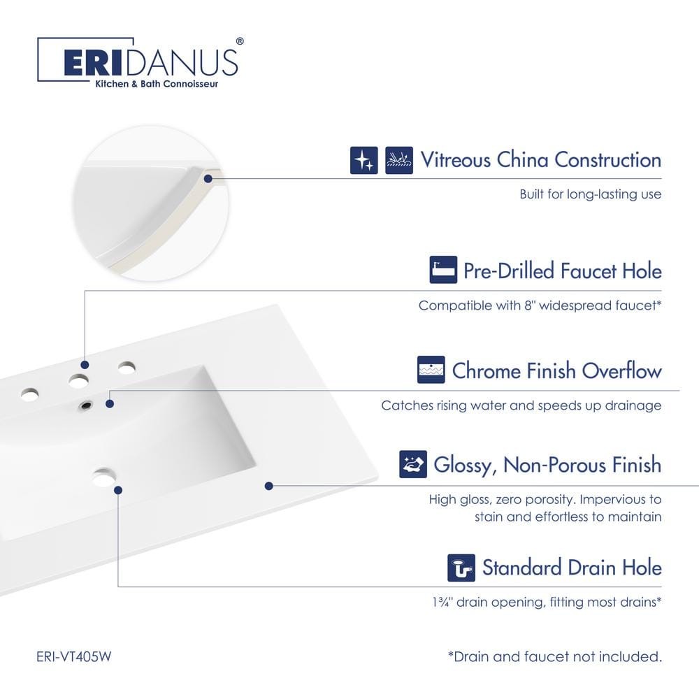 Eridanus Tucson 36"x18" Vitreous China Vanity Top White Single Sink 3-Hole 8"