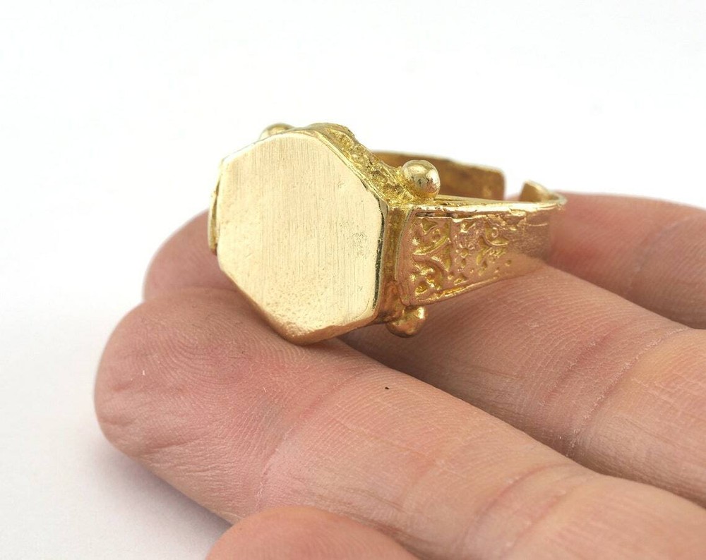 Hexagonal Ring Bezel Blank Base Settings Adjustable Raw Brass 10US size 4423