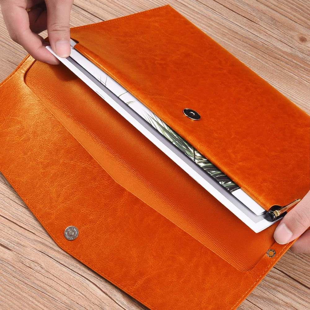A4 File Folder PU Leather Document Holder Envelope Case Snap Closure Orange