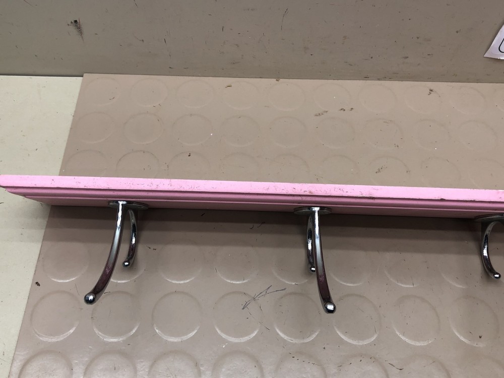 4 Chrome Hooks on Pink Wall Coat Rack