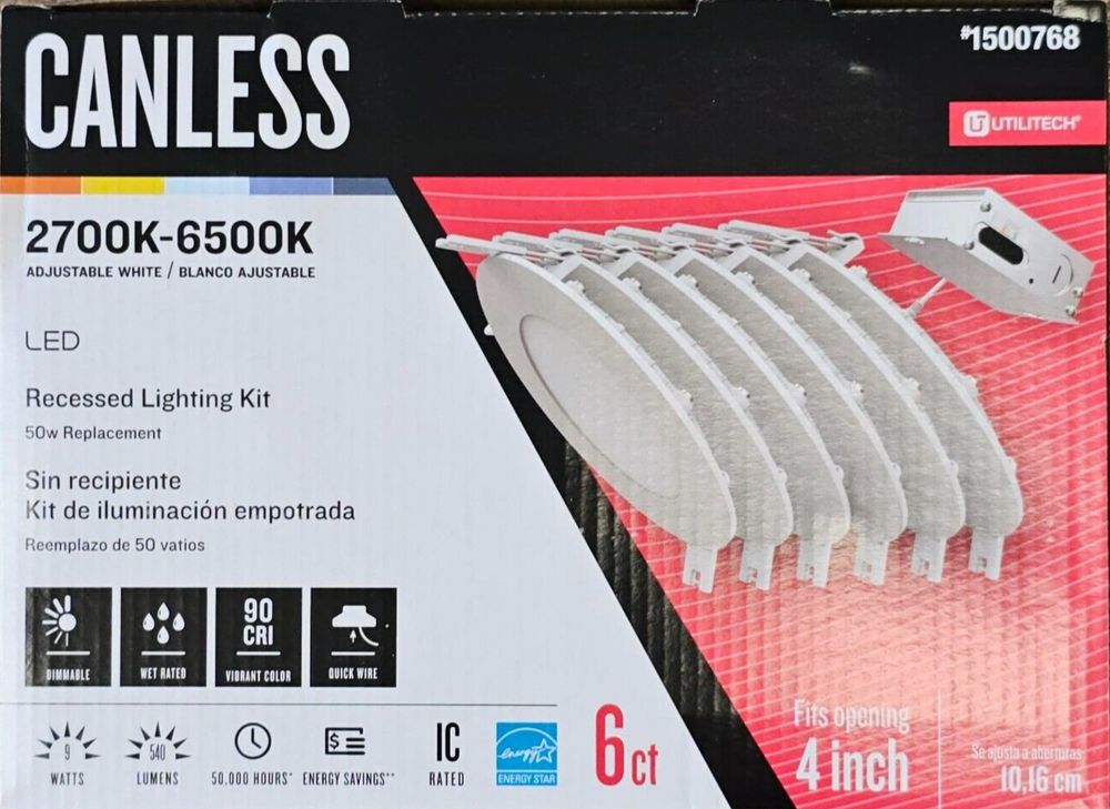 Utilitech Canless (4in) Round 2700k-6500k 540 Lumen Switchable Dimmable (6PK)