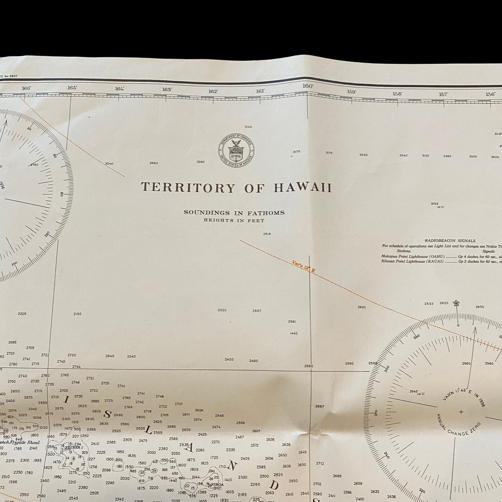 Original WWII 1940 Pearl Harbor Territory of Hawaii Fathom Depths Navigation Map