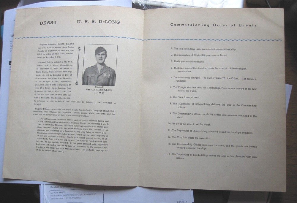 WWII U.S.S. DeLong Launching Commissioning Program - Dec 31, 1943