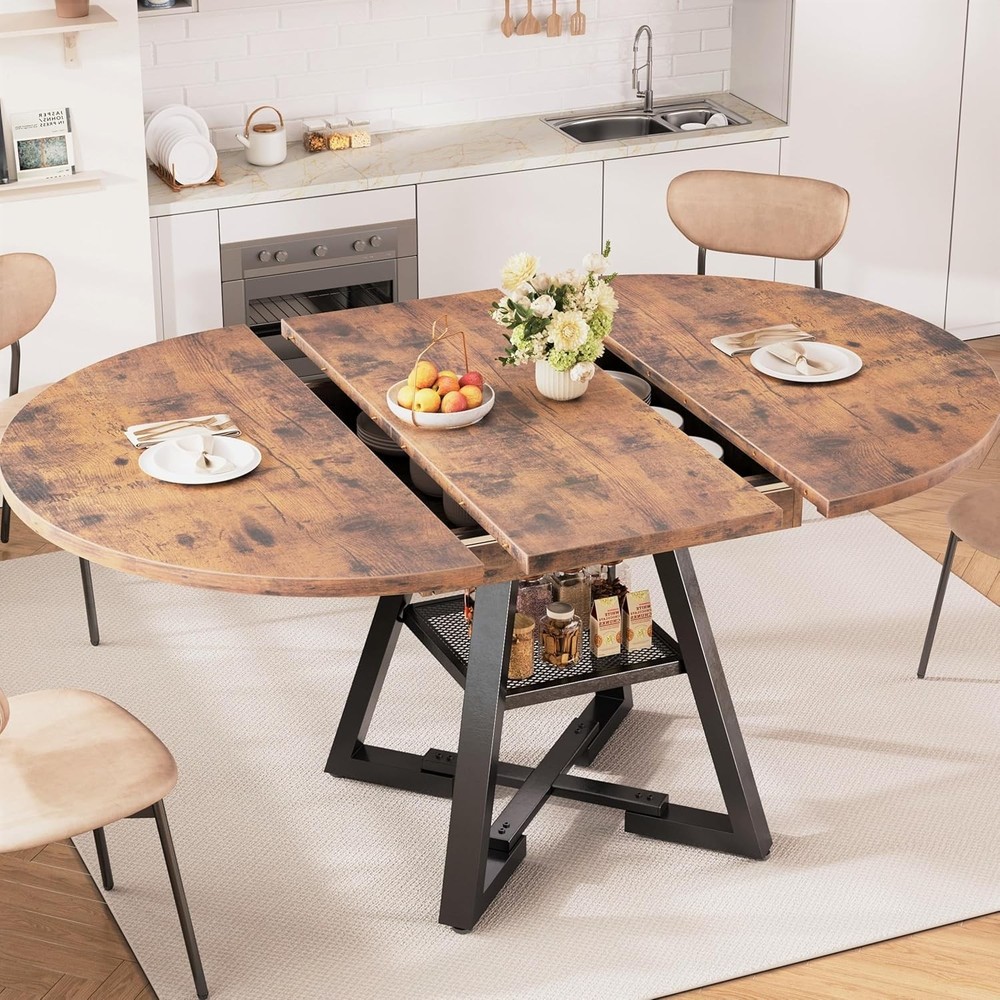 Round Dining Table Kitchen Dining Room Dinner Table 4-6 Space Saving Extendable