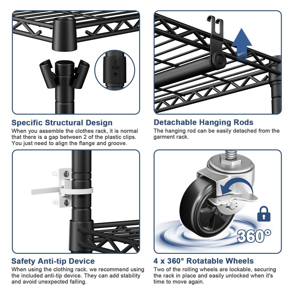 P8 Heavy Duty Clothes Rack（With Extended Width Design） Rolling Clo