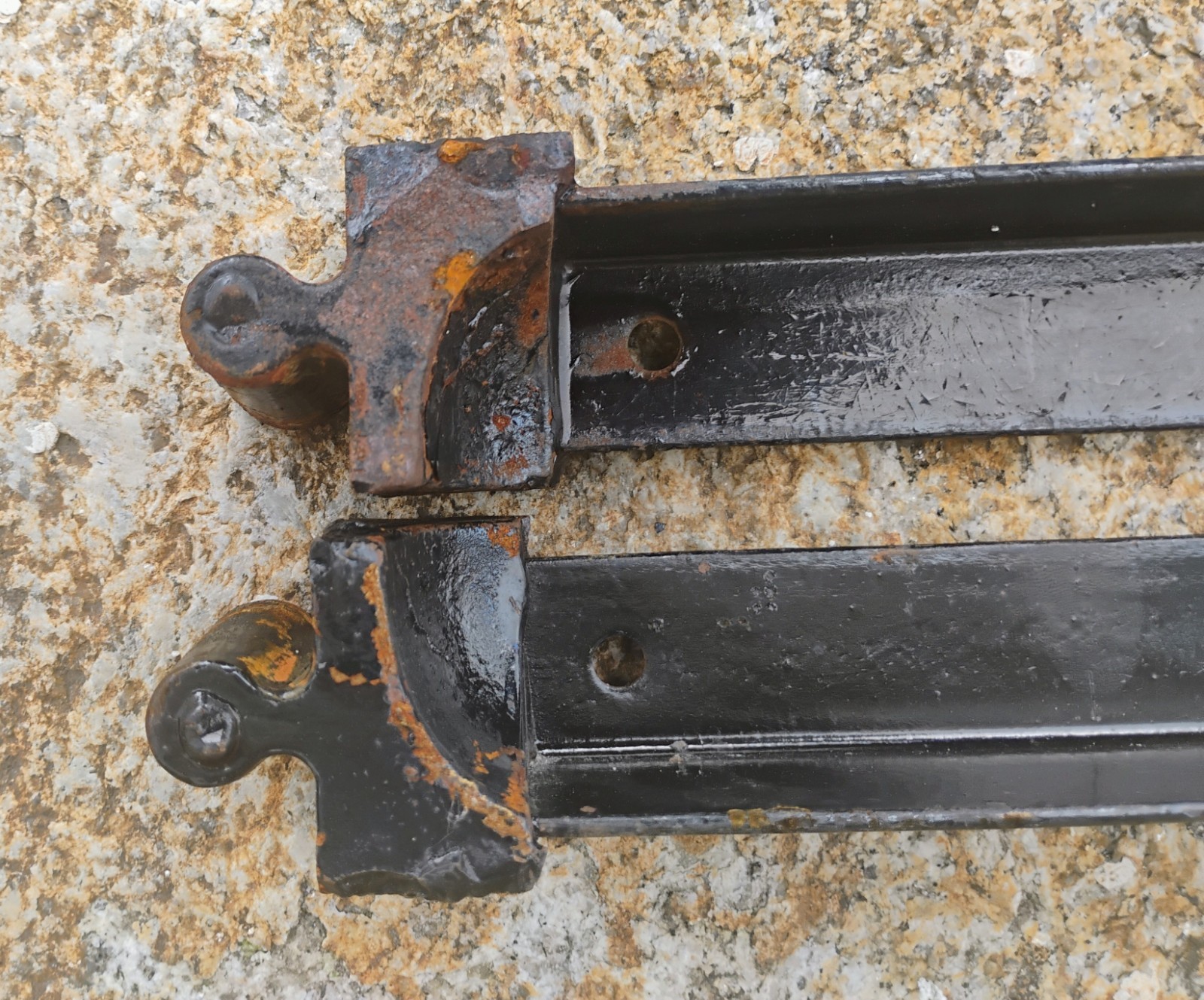 Antique pair of BED RAILS Cast Iron Tapered Pin Ends Twin Full Size Bed 74"