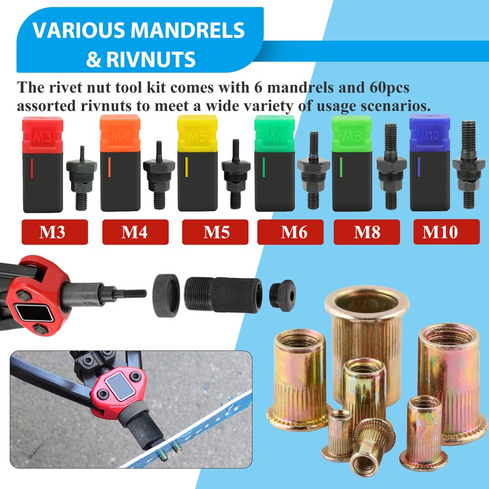 1510PC Rivet Nut Gun Kit Rivnut Setting Tools Nut Setter Tool Hand Blind Riveter