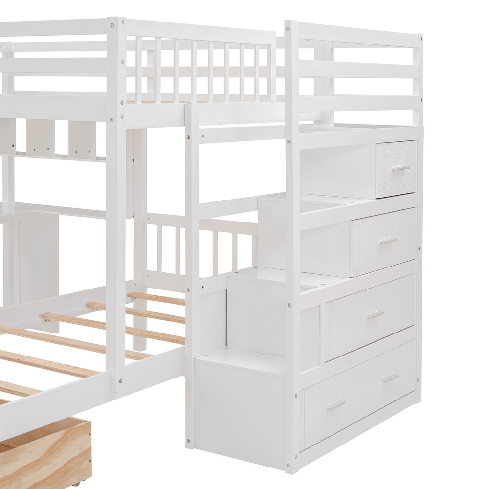 Twin Bunk Bed with Desk, Drawers & Bookcase, White Solid Wood Storage