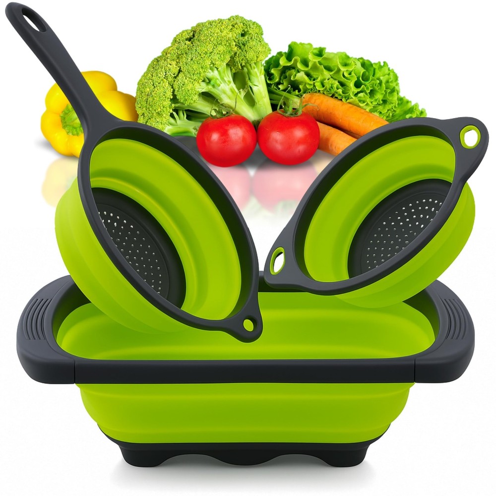 3PCS Green Foldable Kitchen Strainer Set – Silicone Colander Collapsible Stra...