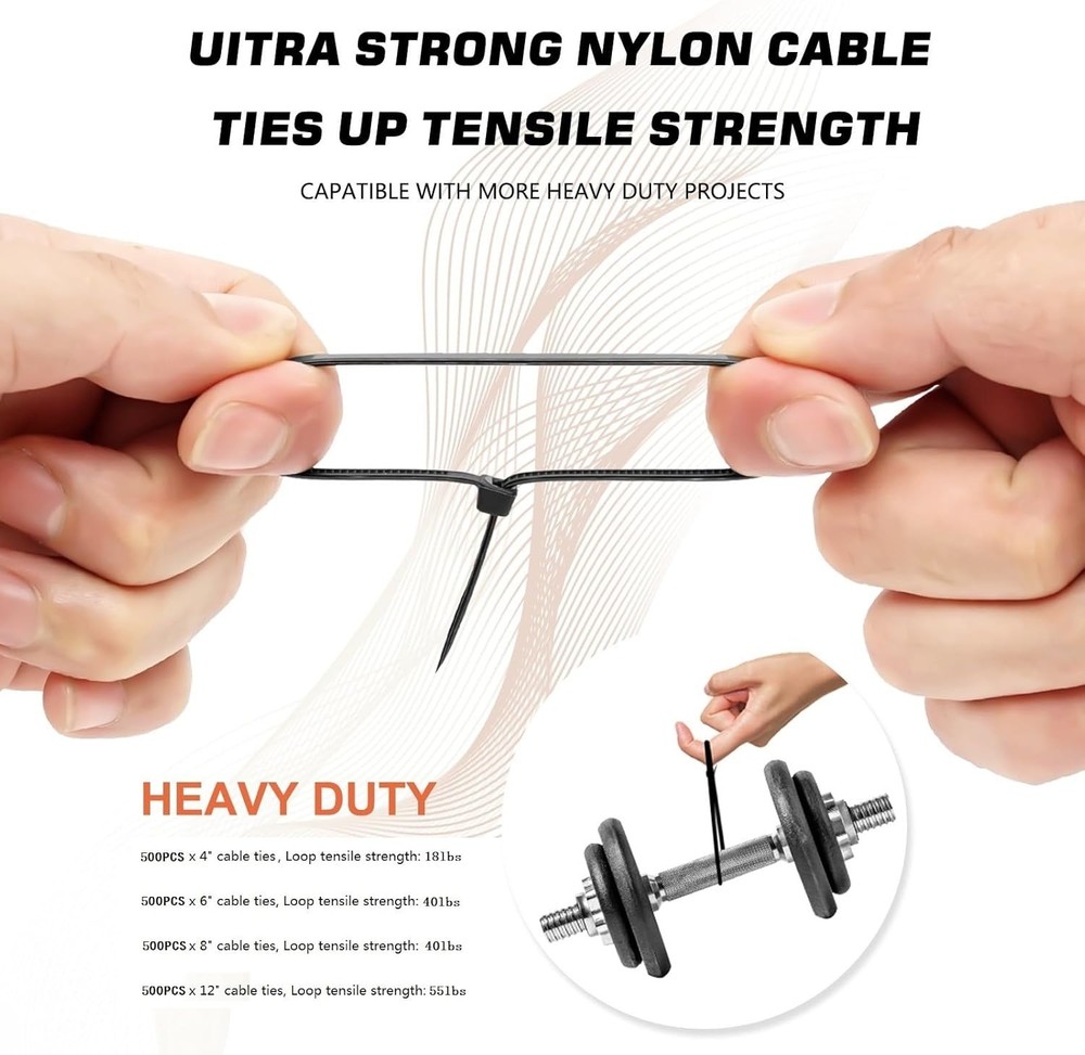 Durable Plastic Wire Ties, 2000 Pack with Varied Lengths for Cable Management