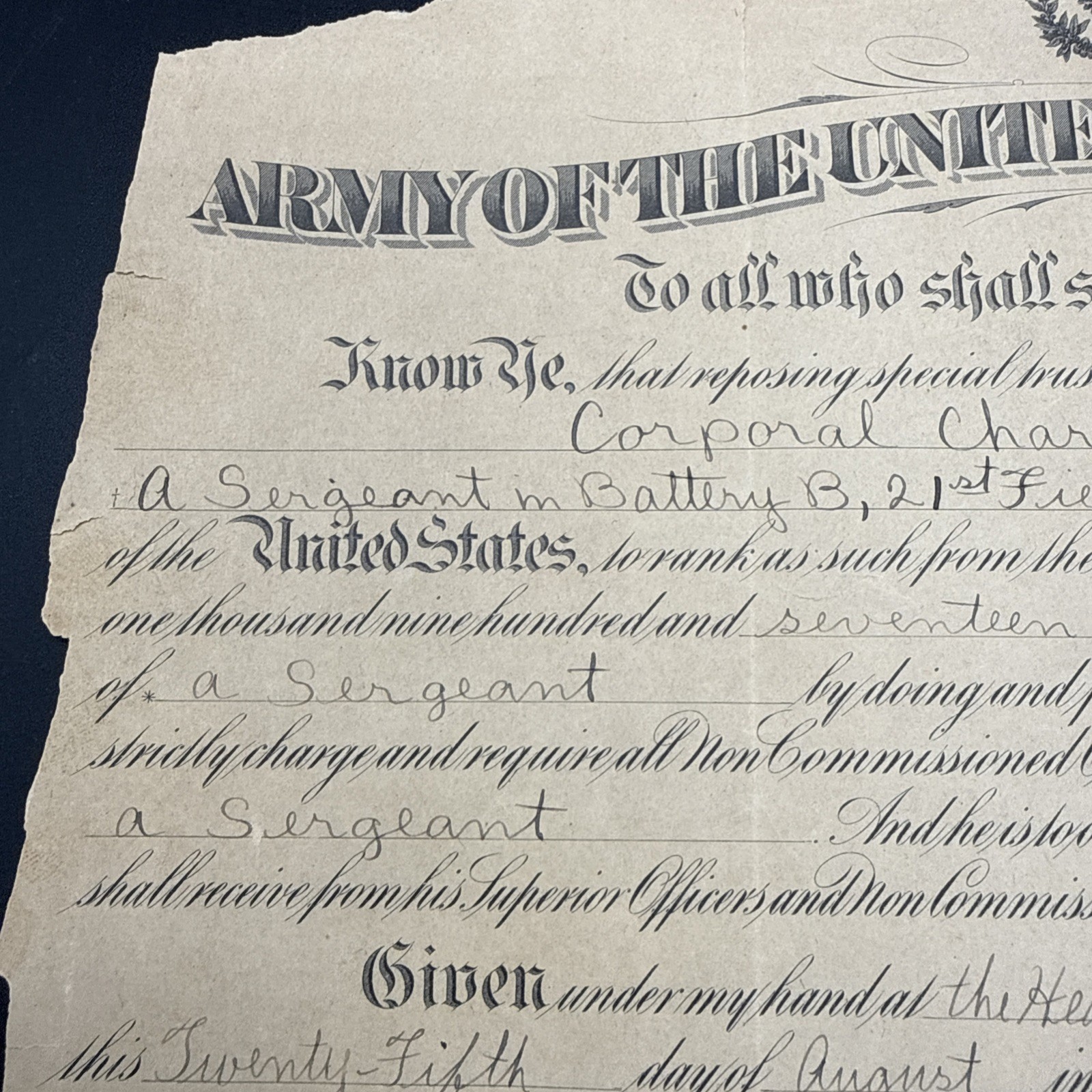 WWI 1917 5th Infantry Division 21st Field Artillery promotion certificate AEF