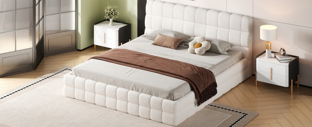 King Size Upholstered Platform Bed, White