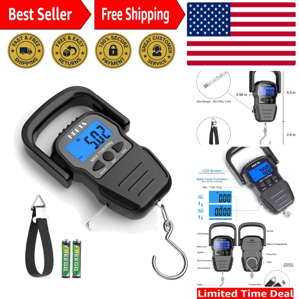 Compact Hanging Fish Scale with LCD Display, Tare Function & 2 AAA Batteries