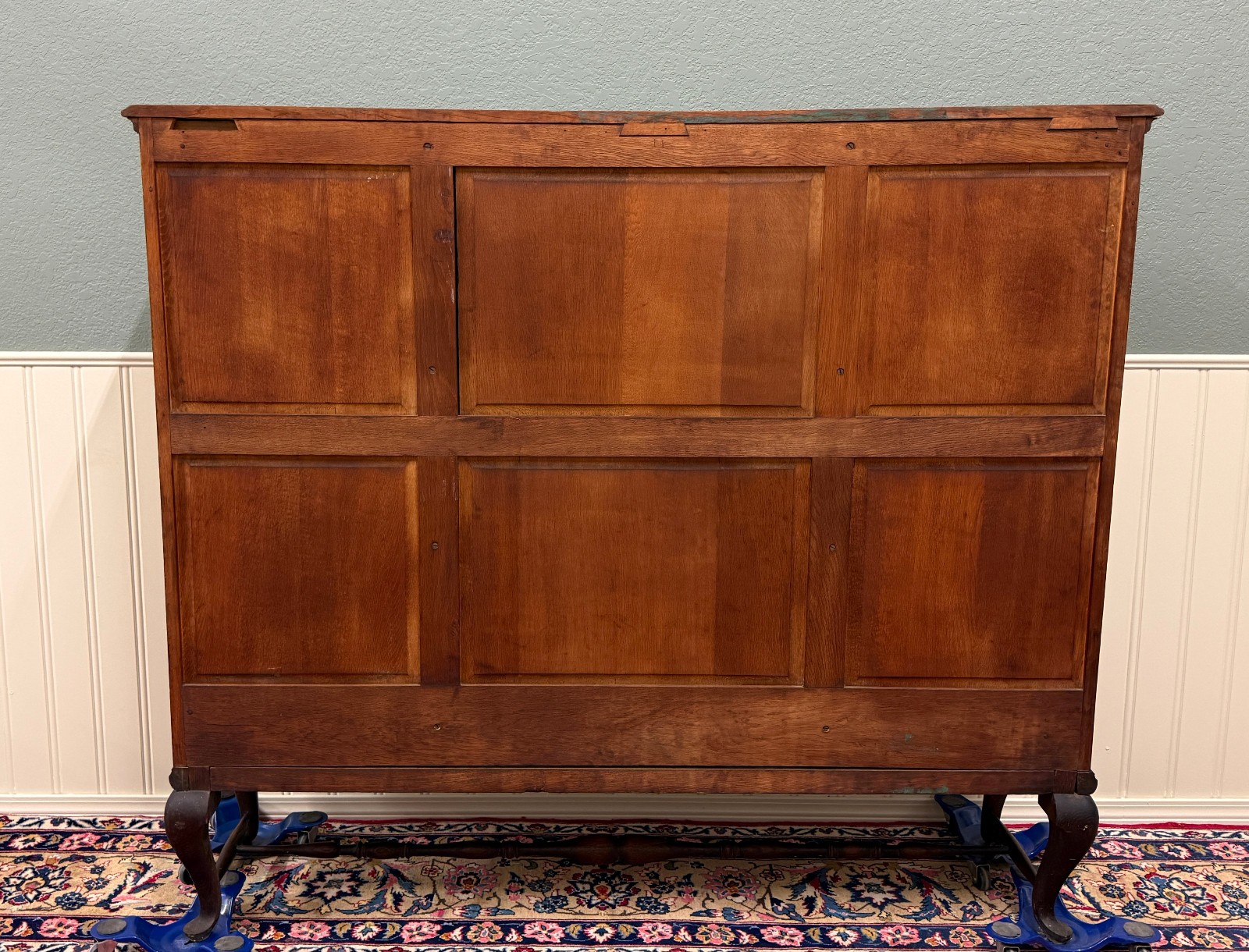 Antique English Bookcase Bookshelf Cabinet Glass Oak Queen Anne Legs 1920s-30s