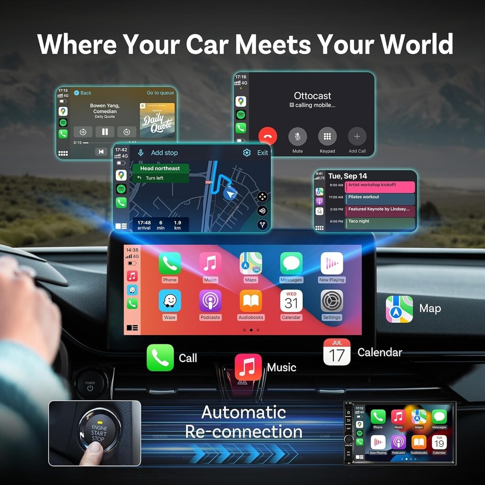 Ottocast Mini Wireless CarPlay+Android Auto Adapter w/Smart One-Click Button *US