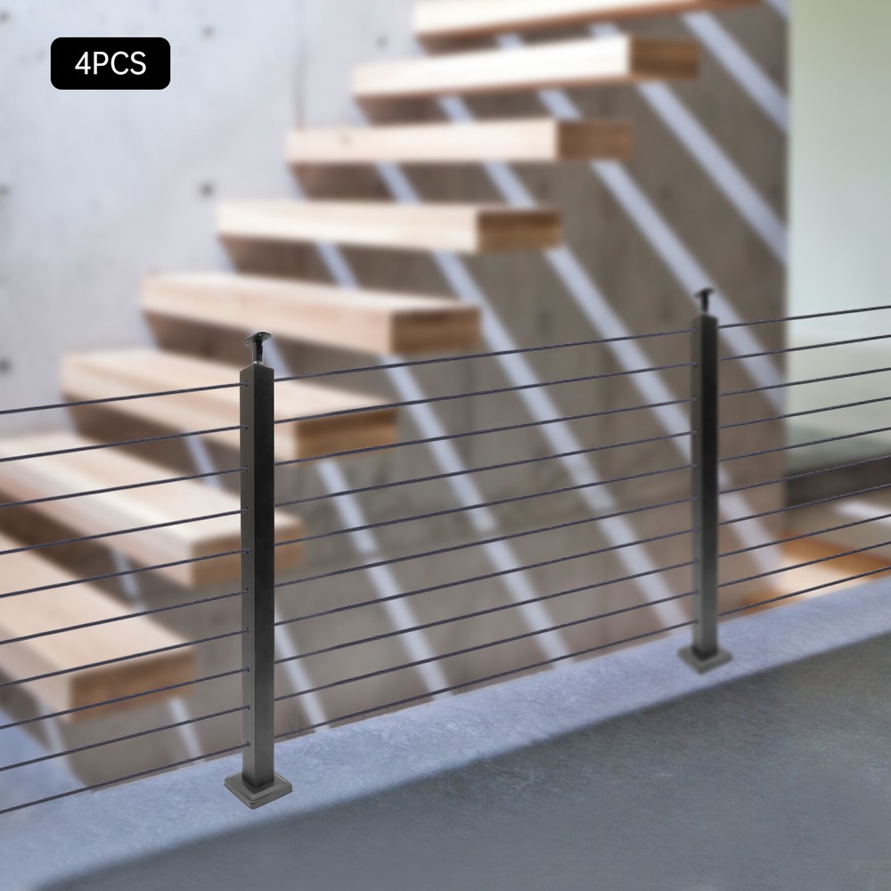 4Pcs Cable Railing Post Deck Railing 36"x2"x2" Black Post with Pre-Drilled Holes