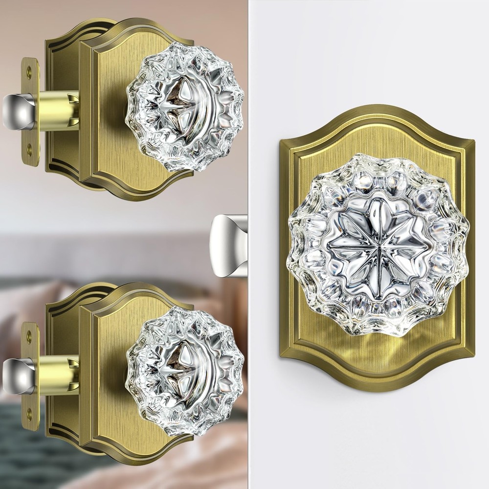 3 Pack Glass Crystal Door Knobs Interior, Antique Brass Crystal Door Knobs wi...