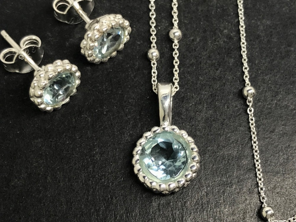 Blue topaz round pendant stud earrings set solid Sterling silver satellite chain