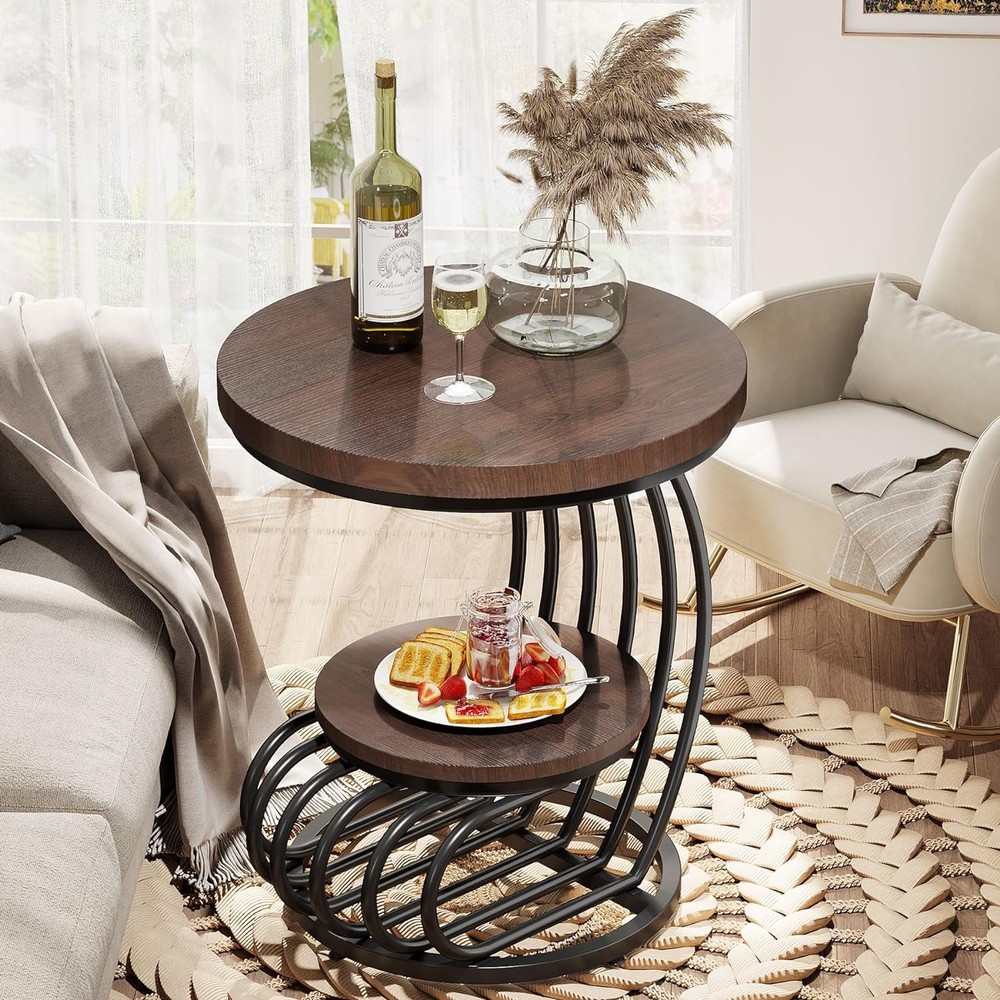 Round End Side Table: Side Table with 2 Tiers Storage Shelves