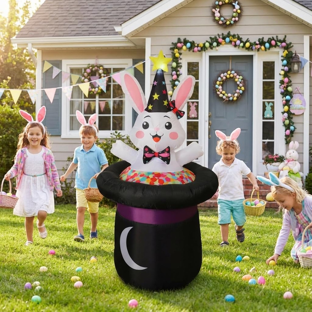5 Ft Inflatable Easter Bunny in Magic Hat Yard Decoration, Cute Wizard Rabbit Po