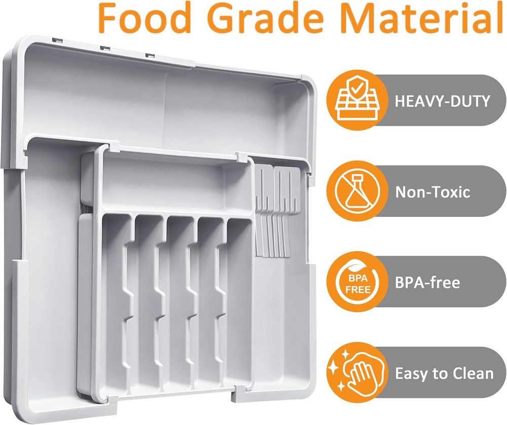 Silverware Drawer Organizer for Kitchen, Adjustable Utensil Grey