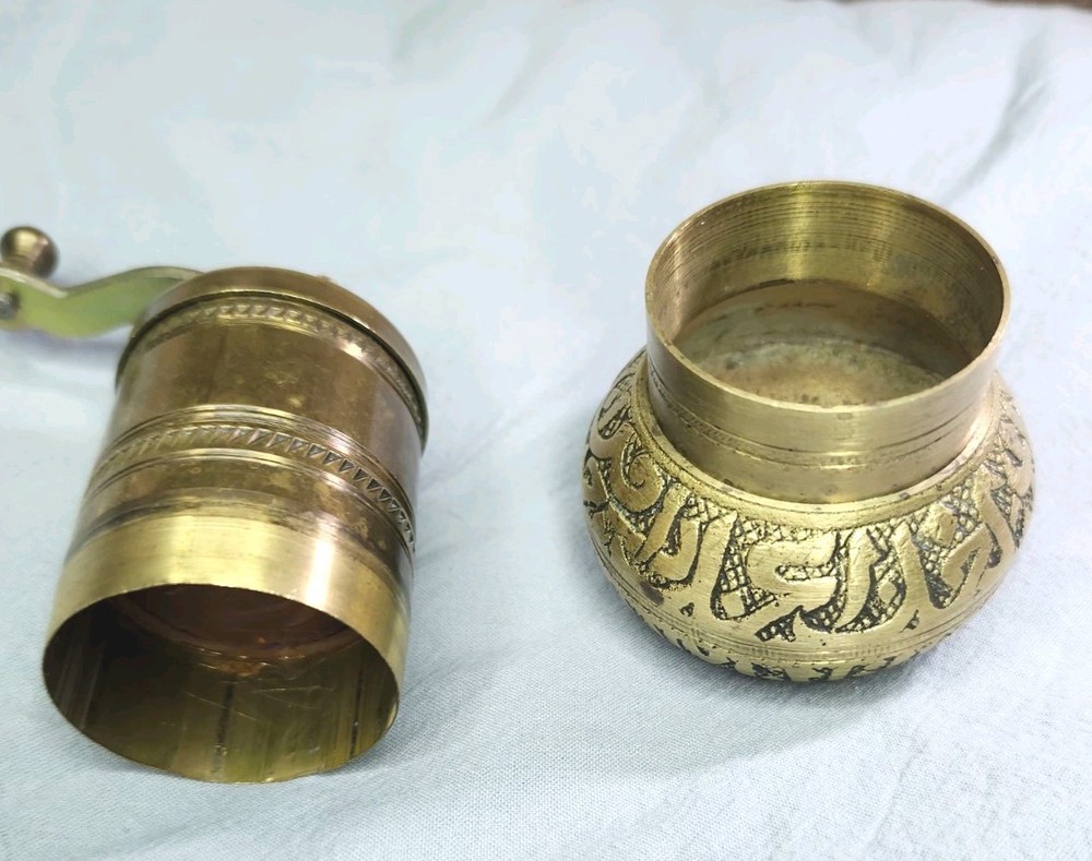 Antique Turkish Solid Brass Pepper Grinder Hand Engraved Spice Mill Working
