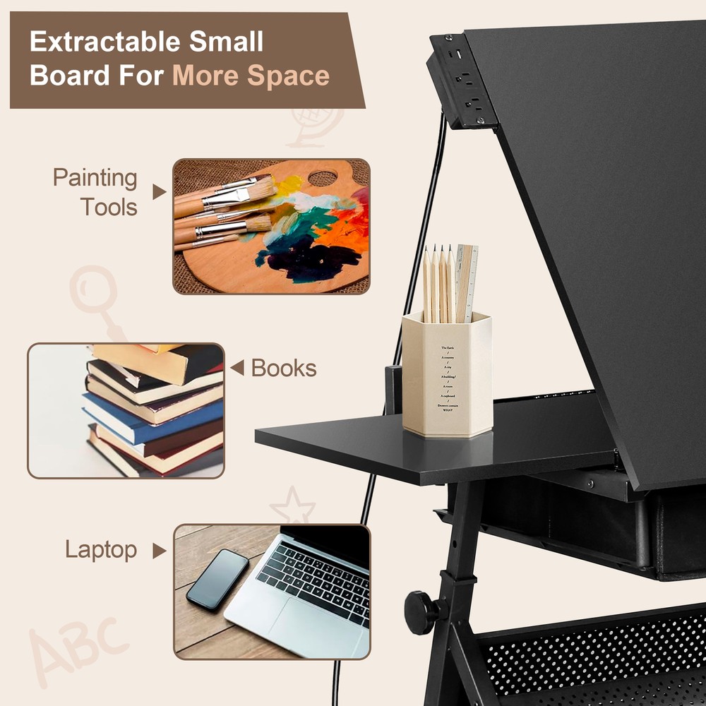 Wooden Drafting Table with Height Adjustable &Tilting Tabletop for Drawing Black