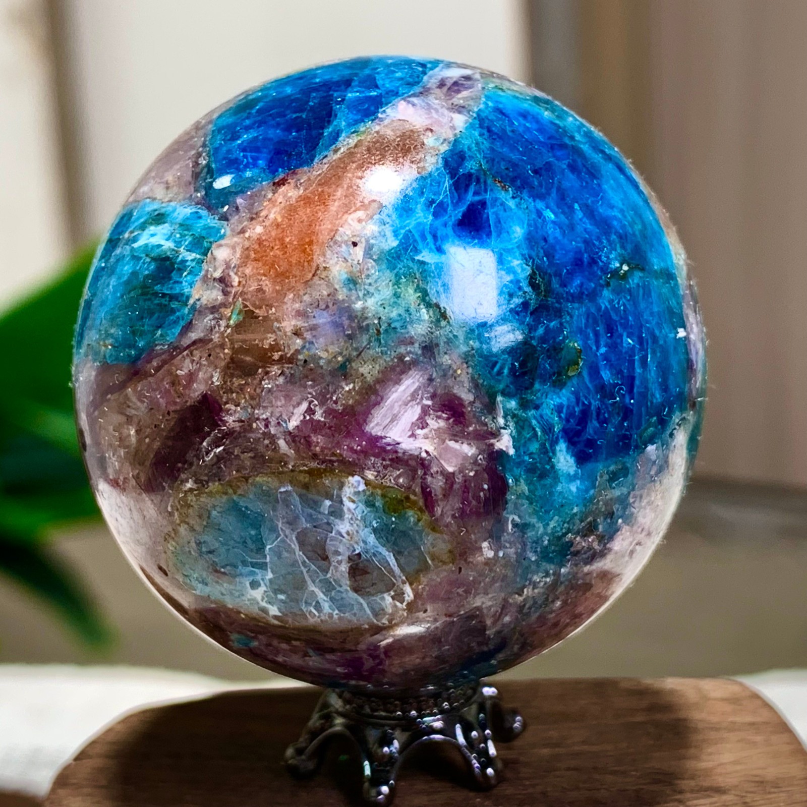 128G Natural Blue Aptite +Sun Stone purple lepidolite Sphere mineral sample