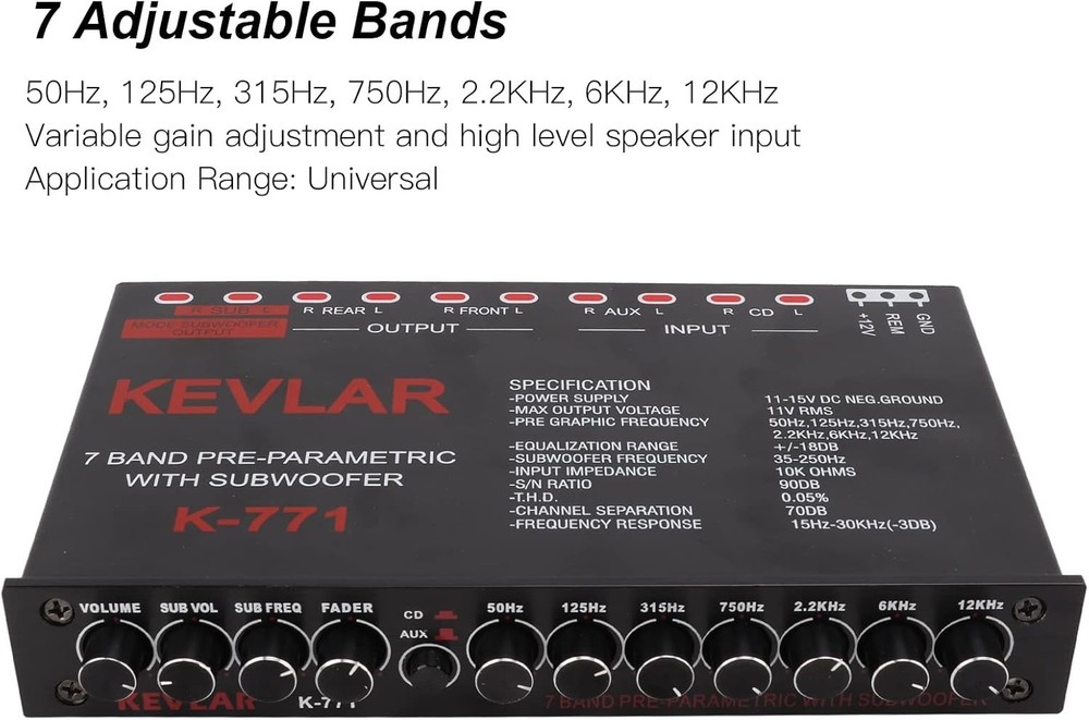 7 Band Car Audio Graphic Equalizer, Variable Gain Adjustment High Level Input...