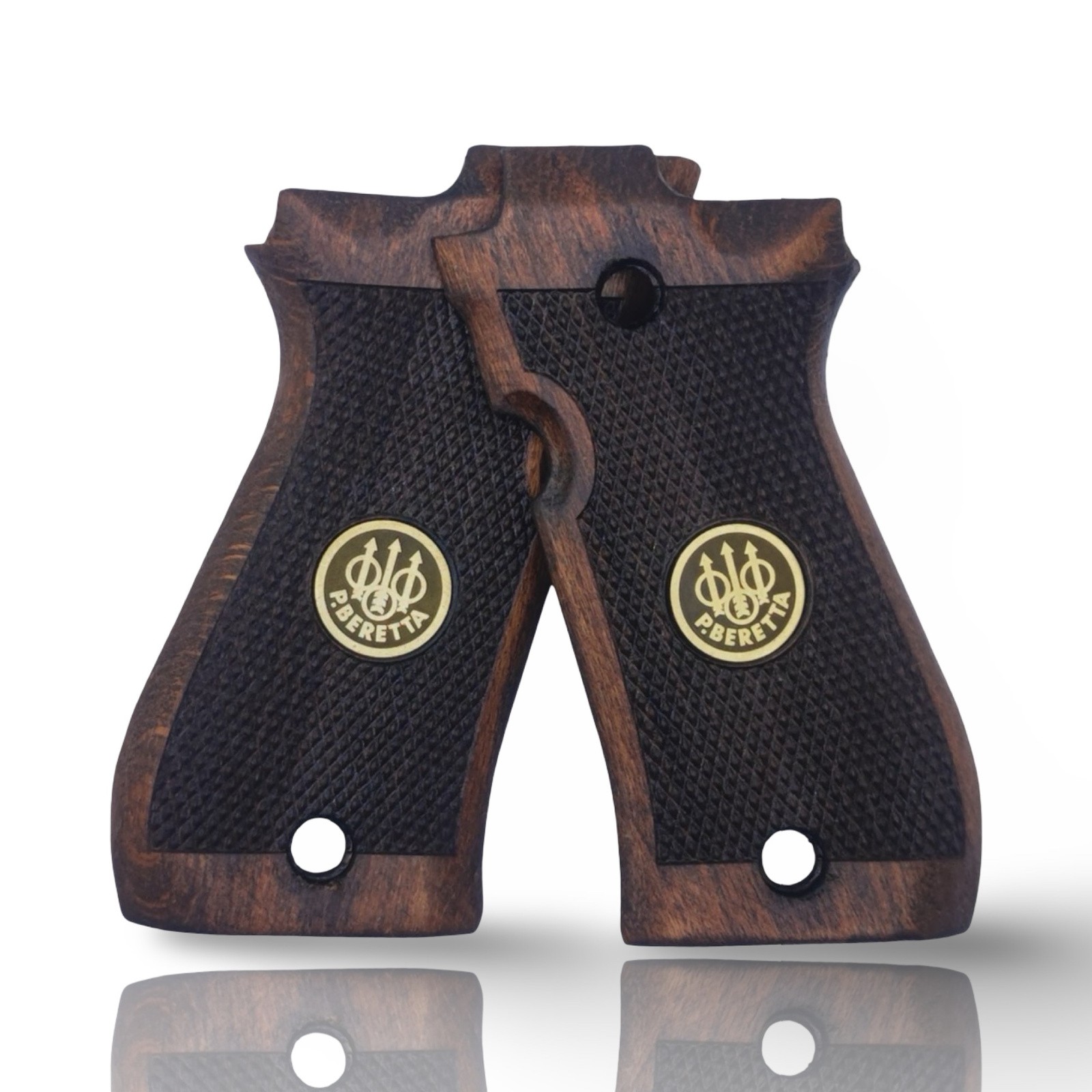 ZIB Grips Beretta 81/84 BB & Fatih 13 Brown Beech Wood Checkered Gold Medallion