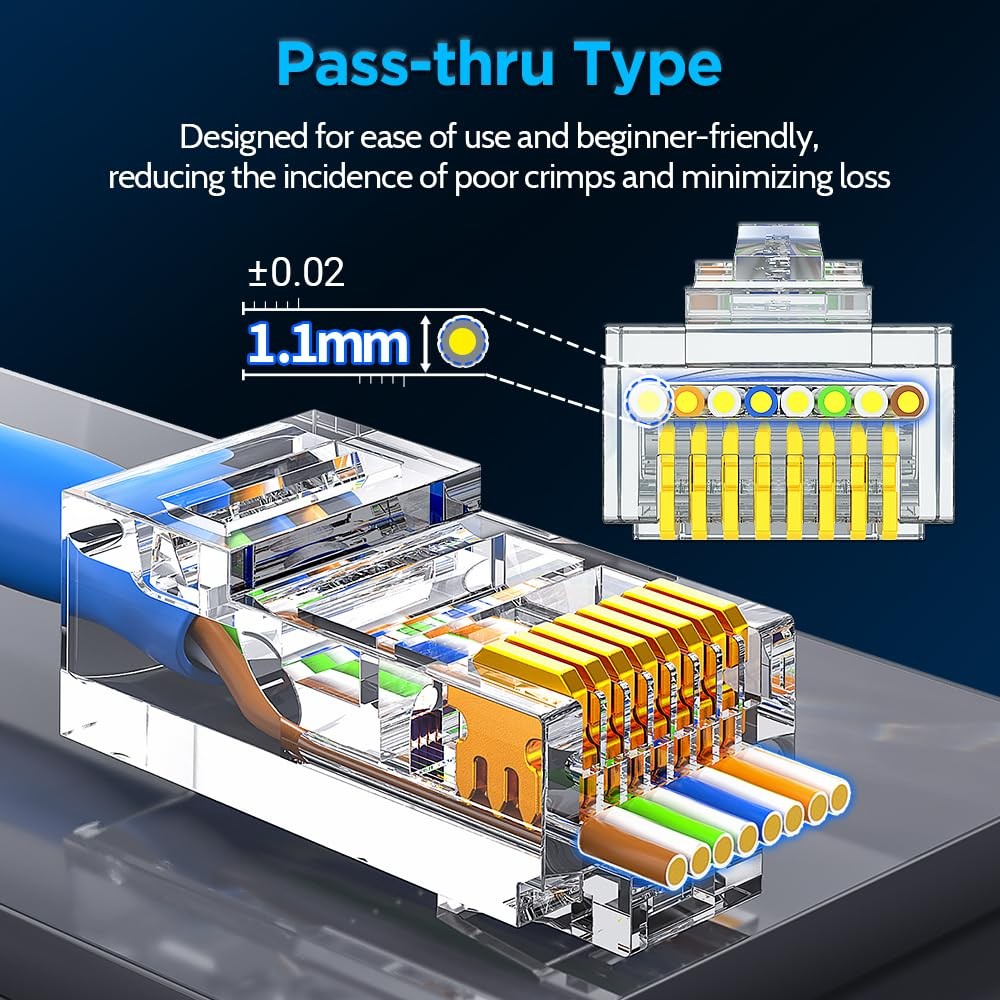 AMPCOM 100-Pack CAT6 Pass Through RJ45 Connector, 9 centimeters, transparent