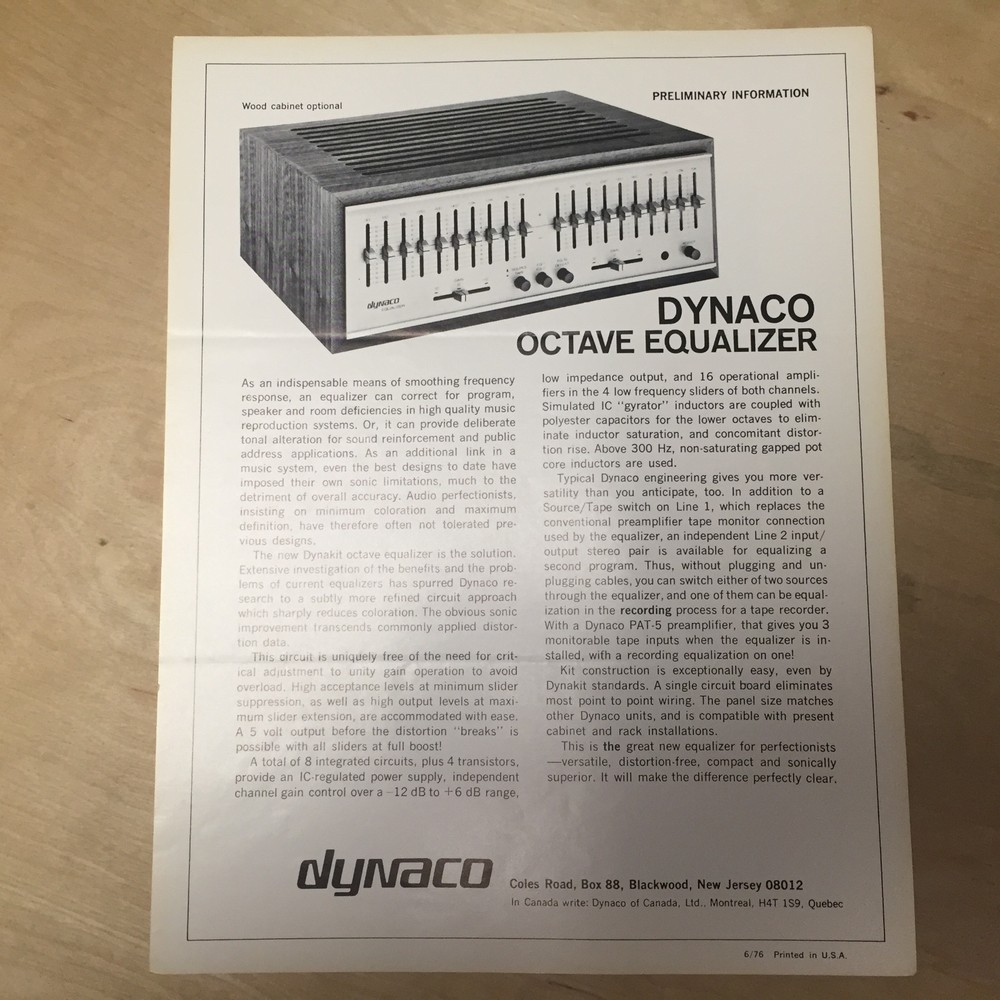 Vtg Dynaco Brochure ~Octave Equalizer Dynakit Spec Sheet Original Preliminary
